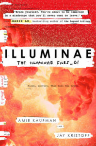 red/orange/yellow space explosions, with "excerpts" from files for title, author names and blurb by Marie Lu