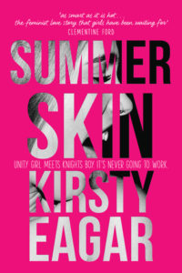 hot pink cover with author's name and title appearaing as cutouts showing a girl's face laughing (I think - she could be screaming but I think she's laughing).