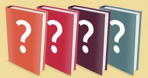 four books, orange, red, purple and green, each with large white question marks on the covers