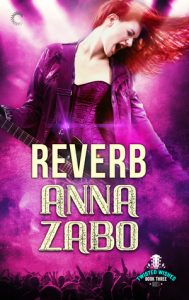 Pretty and tall woman with long red hair wearing a corset and a leather jacket, rocking out with her guitar, the cover is washed in pink/purple.