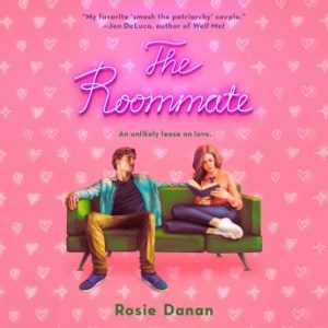 pink illustrated cover, a white guy and girl sit on a green sofa 