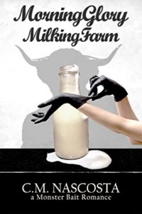 Black and white cover, picture of an overflowing milk bottle (it is not filled with milk) and a white, human woman's hands in black latex gloves, a shadow of a minotaur in the background