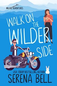 Illustrated cover in blue with a white, dark-haired motorcycle riding, leather jacket wearing bad boy in the lower left and a brown-skinned dark-haired woman reading a book in the top right, there's a rabbit in the lower right which makes sense when you read the book