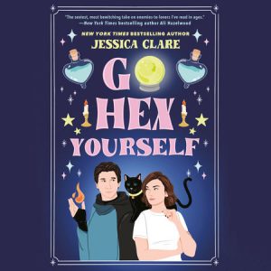 Illustrated cover largely in dark purple (nearly blue) featuring a dark-haired white man and a brunette white woman and a black cat.