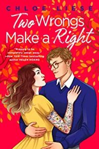 Illustrated cover with a red background of a white M/F couple, she has longish wavy brown to blonde ombre hair and is wearing a yellow dress and has a colour sleeve of tattoos, he has short wavy fair hair, is in a blue jumper (sweater) and an open collared white shirt and is wearing round tortoiseshell glasses. He's styled geeky. They're embracing and looking at each other.