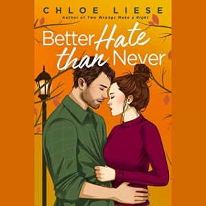 Illustrated cover with an orange/Autumn/sunset colour palette featuring a brown-haired white couple embracing near a street lamp in Autumn.