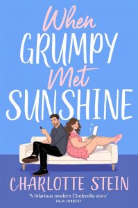 Illustrated cover with a sky blue background showing a white couple sitting back to back on a white sofa, she's on a laptop, he's on a small black phone. He is large and well built with dark hair and stubble and she is curvy with brown curly/wavy long hair wearing a pink polka dot dress.