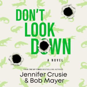 Off-white background with lots of little light green alligators and the title in a darker green in large font. There are 3 large bullet holes in the picture, going from left to right in a kind of arc.