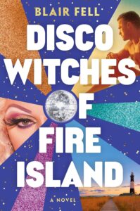 The title is in large white block letters which takes up much of the cover. The O in "of" is a disco ball from which radiates various colours of sparkling light - purple, gold, blur and green. On the left in the middle is a photo of part of the face of a blonde drag queen, on the top right is a shirtless man sitting on a beach in the late afternoon sun and in the bottom right is a picture of a boardwalk surrounded by sand with a lighthouse at the end on the right. The author's name is in sparkly gold at the top in smaller writing.