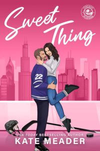 Illustrated cover in pink showing a city skyline in the background. A brown-haired, bearded hot white guy in a purple hockey jersey with the number 22 on it in long dark pants and ice skates, with a helmet and hockey stick on the nearby (pink) ice, is holding a pretty young white woman in jeans, a long sleeved white top and black booties. He's holding her just under the butt level on the sides and living her and she'd kicking her legs happily and embracing his face and neck, leaning toward him and smiling 