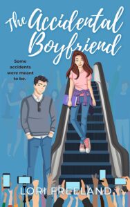 Illustrated cover with a blue background showing a pretty white girl with long brown hair coming down an escalator. She's wearing a pink tee and blue jeans and has a purple jacket tied around her wait and is holding a purple book. At the foot of the escalator is a hot young white guy wearing jeans and a grey henley. They are both facing front and he has his hands in his front pockets.