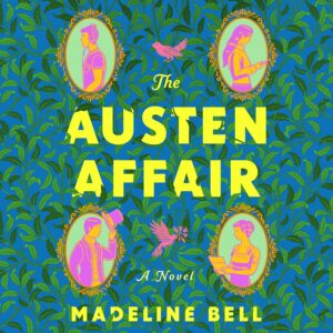 Illustrated audiobook cover with a blue background and dark and light green leaves on stems decorating it except for the yellow titles and two pink birds in the centre, top and bottom, The top bird is like a sparrow and the bottom bird is like a peace dove, flying and with a sprig of pink foliage in its beak. There are also four cameo illustrations decorating the cover. At the top left is a modern man with headphones on, at the top right is a modern woman reading on a tablet, in the bottom left is a Regency man tipping his hat and in the bottom right is a Regency woman holding a letter. The cameo people and what they're holding is in bright pink and orange on a light green background.