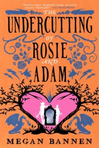 Orange cover with purple/blue detailing of dragons, flowers, cars with smoke coming out of the back, frogs and lightning. The bottom third and middle section is a love heart created by black trees bending over toward each other. Inside is pink with, on the left, a white silhouette of a tall woman in a cowboy hat holding a crossbow and a white silhouette of a shorter man on the right. They are either side of a portal which looks like a standing mirror.