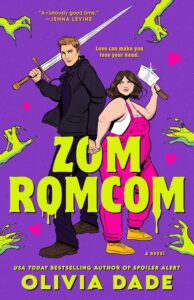 Purple illustrated cover with slime green/yellow titles that look like they're dripping with goo int he foreground. At the edges of the cover are green/yellow zombie hands reaching to the couple pictured behind the title. She is a pretty fat white woman with a long brown bob, wearing a white tee and pink overalls, brandishing a cleaver, he is all in black, taller, also white, with light brown hair and wielding a sword.