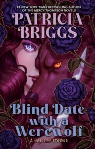 Illustrated cover in dark maroon and purple tones featuring a close up of a section of a pretty white woman's face with sparkling purpole eyes and maroon hair, partially obscured by a maroon coloured werewolf/wolf with golden eyes. She is holding a sharp knife which is visible in front and to the right of the wolf and there are also purple/black roses in full bloom scattered around the cover.