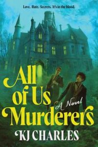 Illustrated cover in murky blues and greens showing a spooky Gothic house with yellowed light in the windows and two white gentlemen wearing suits running from it.