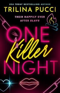 Black background with images of a heart, knives, a pair of lips and a campfire stylised as if they are led signs with large fluorescent pink and yellow titles.