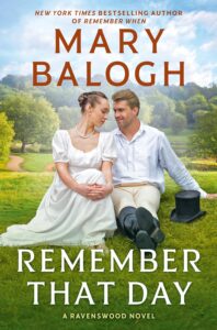 Photo-realistic cover featuring a pastoral scene and a good looking white couple sitting very close together on a lawned area with paths and trees/a forest behind them in the background. They are wearing Regency garb mostly in white and cream colours. He has black top boots on, and a black top hat is near his outstretched arm on the right. Her knees are drawn up and her hands a clasped around them. She is looking toward him but down, modestly, not meeting his eye and he is smiling at her. They are both fair-haired.