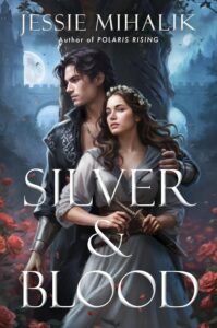 A very good-looking white couple, hide behind a tree in a field of red roses with a castle bridge in the background. It is night and there is a full moon. He stands behind her and has his arm around her shoulder, his head turned to listen. He wears a charcoal grey tunic, open at the throat and metal bracers. He has dark, longish hair and is clean shaven. She has dark flowing hair and wears a circlet of small white flowers. She is in a silver grey gauzy dress and has a dagger at her belt.