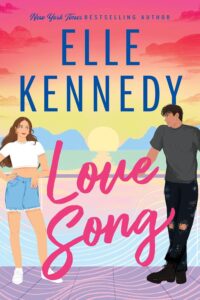 Illustrated cover featuring a hot white couple on a dock leaning against a railing and looking over at each other. Behind them the sun is setting. She is on the left and has long brown hair. She's wearing a white cropped tee and a short cutoff denim skirt. He has dark hair and wears a grey tee and black ripped jeans. The background colours are pastel rainbow tones.