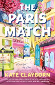 Colourful illustration of a cobbled Parisian street in pinks, greens, yellows and blues, with a white couple kissing in the right foreground