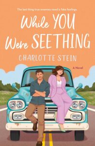 Illustrated cover with top section containing white titles with a peach background and lower half of cover is an illustration of a couple sitting/leaning on the front of an older model light blue pickup truck on a road, with green grass on either side and trees in the far background. The couple are white, he is wearing brown pants and a teal green long sleeved shirt and has his arms crossed over his chest. He has dark hair. She has dark curly hair and it wearing a lilac pantsuit with a white top. She is curvy, maybe a size 16ish? They are facing front and not looking at one another