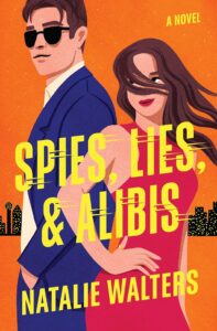 Illustrated cover with an orange background featuring a hot, white, brunette couple. He is on the left and wears a blue suit and white shirt and sunglasses, his body facing left, face to the front. She is wearing a slinky red sleeveless dress and her long hair is blowing across her eyes almost like a burglar's mask. She is facing right and looking back over her shoulder toward him with her eyes but face to the front