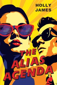 cartoon style illustrated cover with a yellow/orange sunray style background featuring the faces of two attractive white people, a woman on the left and a man on the right, both looking very cool and wearing sunglasses - hers have red frames and blue lenses, his are black on black. The title is in red.